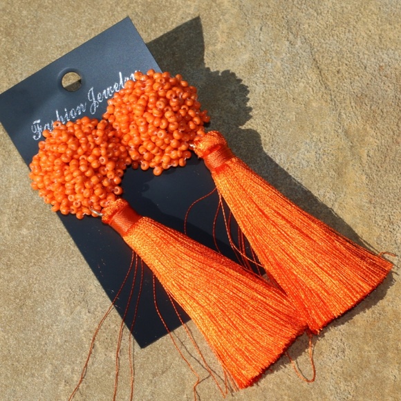 New! Large Orange Boho Earrings Post Drop Tassels - Picture 4 of 5